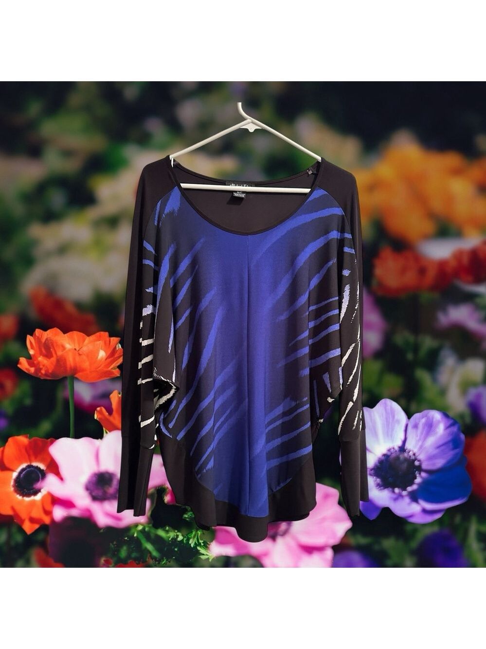 Michael Tyler Animal Print Zebra Tunic Blouse Womens S Blue Abstract Chic Top